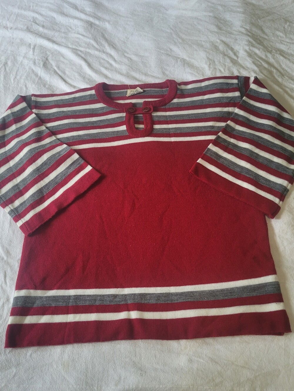 Vintage 1970s Mod Striped Sweater Disco Roller Rink Made In Korea Red Gray White